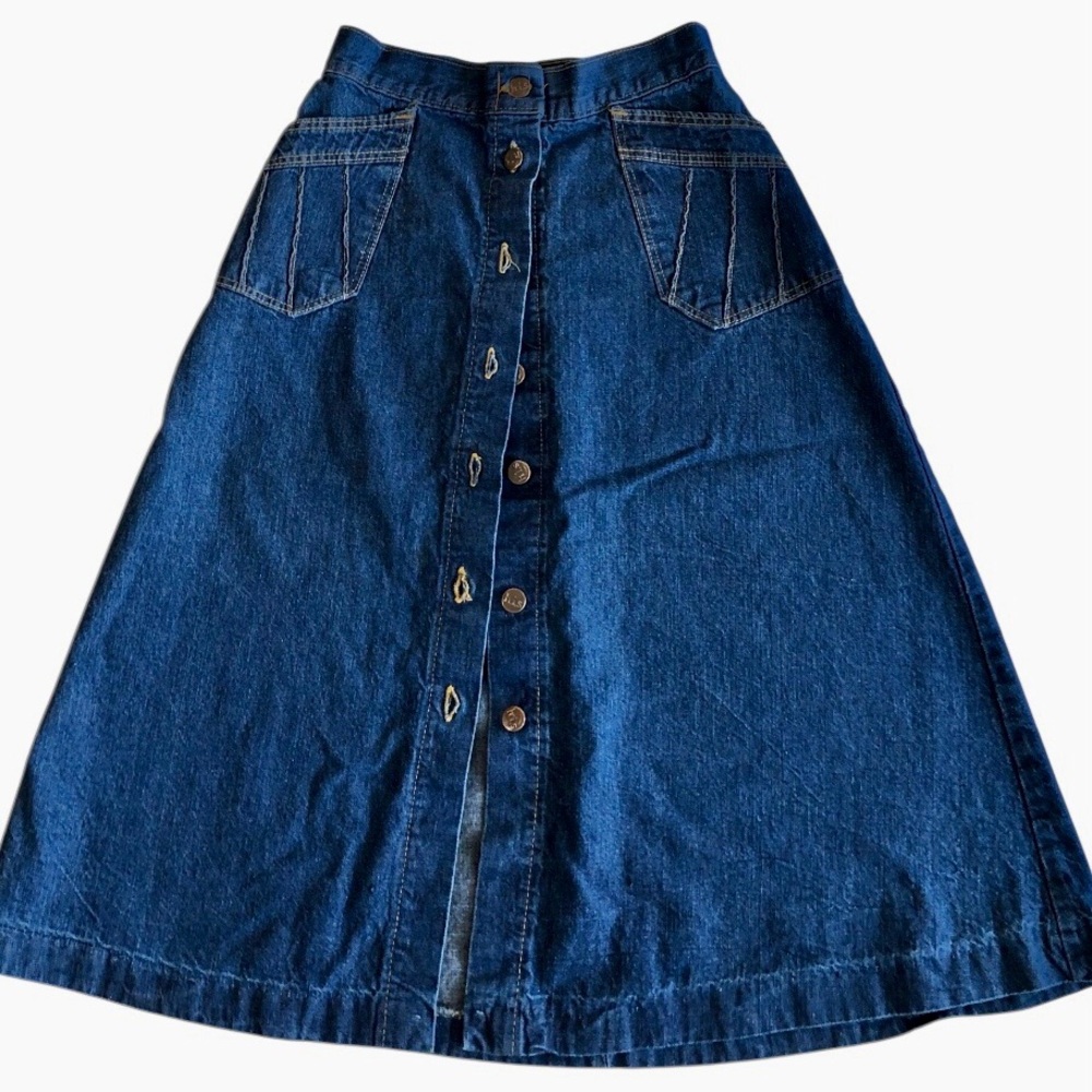 Vtg 80’s90’s Women’s Chic H.I.S. Blue Denim Button Front Midi Skirt